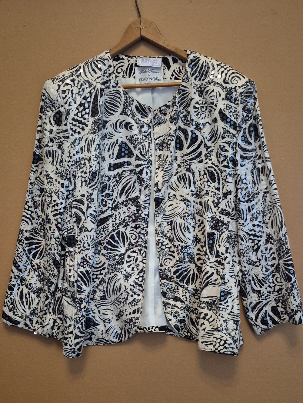 Vintage TeriJon Silk Blazer 16 Bergdorf Coastal Sand Dollar Sequin Jacket L/XL
